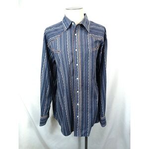 Roper Western Shirt Mens 3XL XXXL Blue Floral Stripe Pearl Snap‎ Long Sleeve